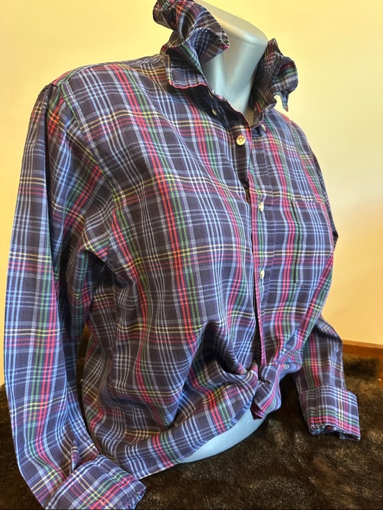 Saddlebred Tops - Saddlebred Recycled Navy Plaid Button-Down Ruffled Collar Shirt